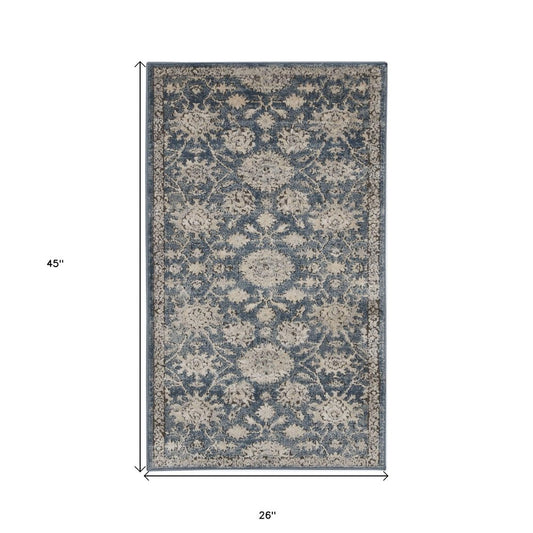2' X 4' Blue And Beige Oriental Distressed Area Rug