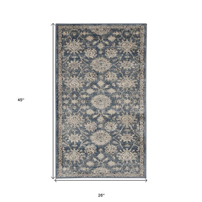 2' X 4' Blue And Beige Oriental Distressed Area Rug