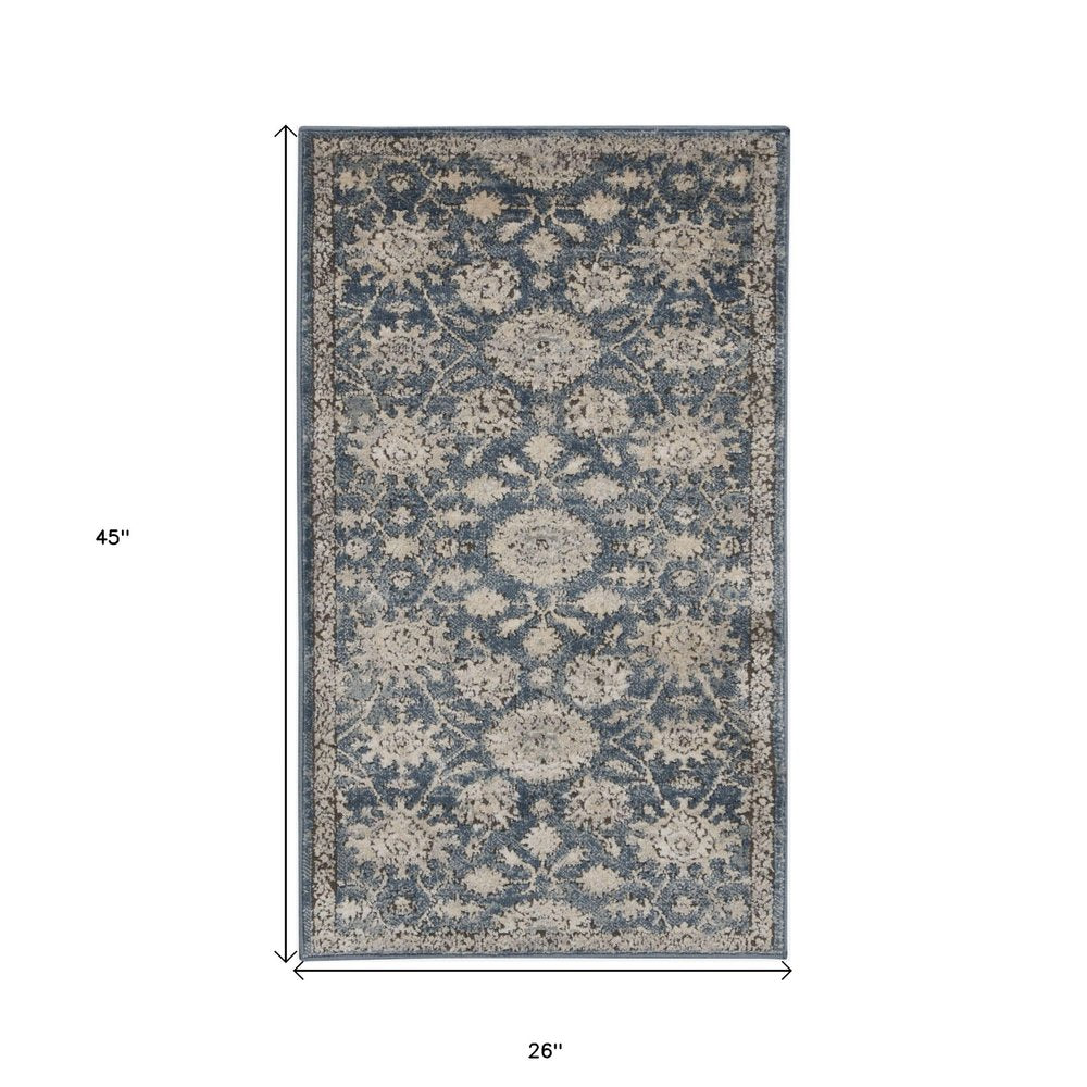 2' X 4' Blue And Beige Oriental Distressed Area Rug