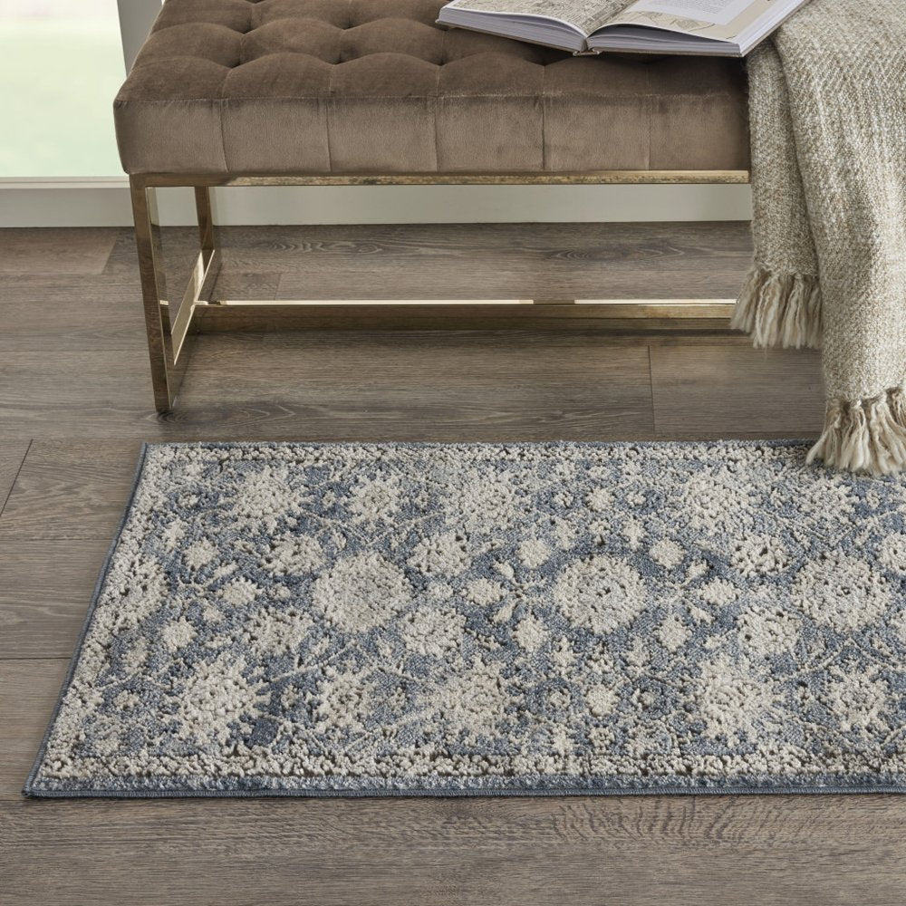 2' X 4' Blue And Beige Oriental Distressed Area Rug