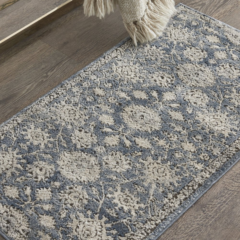 2' X 4' Blue And Beige Oriental Distressed Area Rug