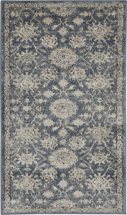 2' X 4' Blue And Beige Oriental Distressed Area Rug