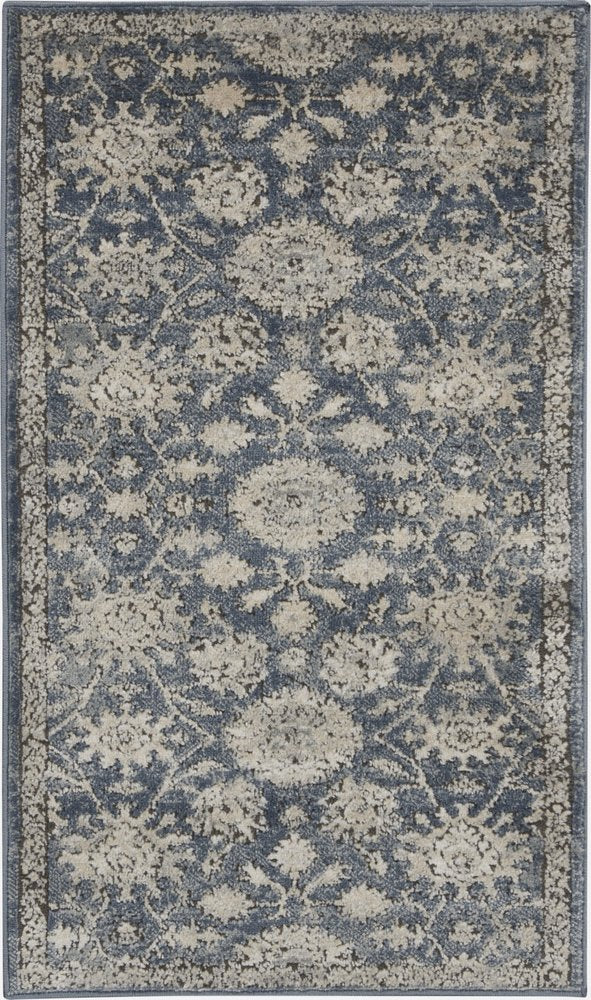 2' X 4' Blue And Beige Oriental Distressed Area Rug