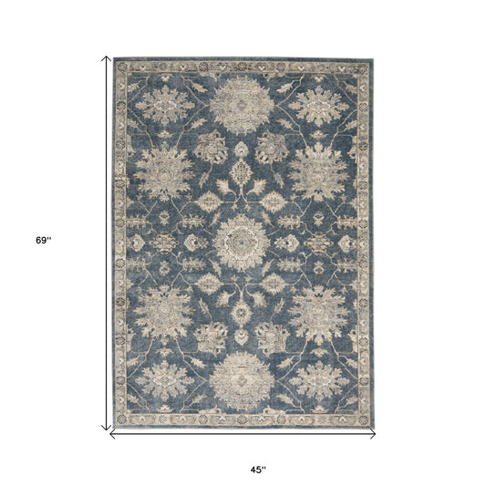 4' X 6' Blue and Beige Oriental Power Loom Non Skid Area Rug