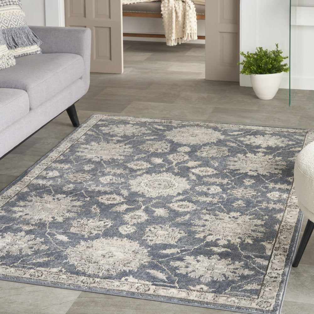 4' X 6' Blue and Beige Oriental Power Loom Non Skid Area Rug