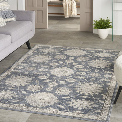 4' X 6' Blue and Beige Oriental Power Loom Non Skid Area Rug