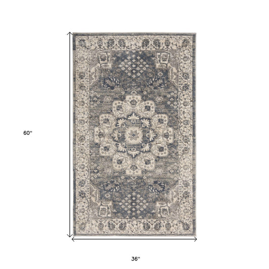 3' X 5' Grey And Ivory Oriental Power Loom Non Skid Area Rug