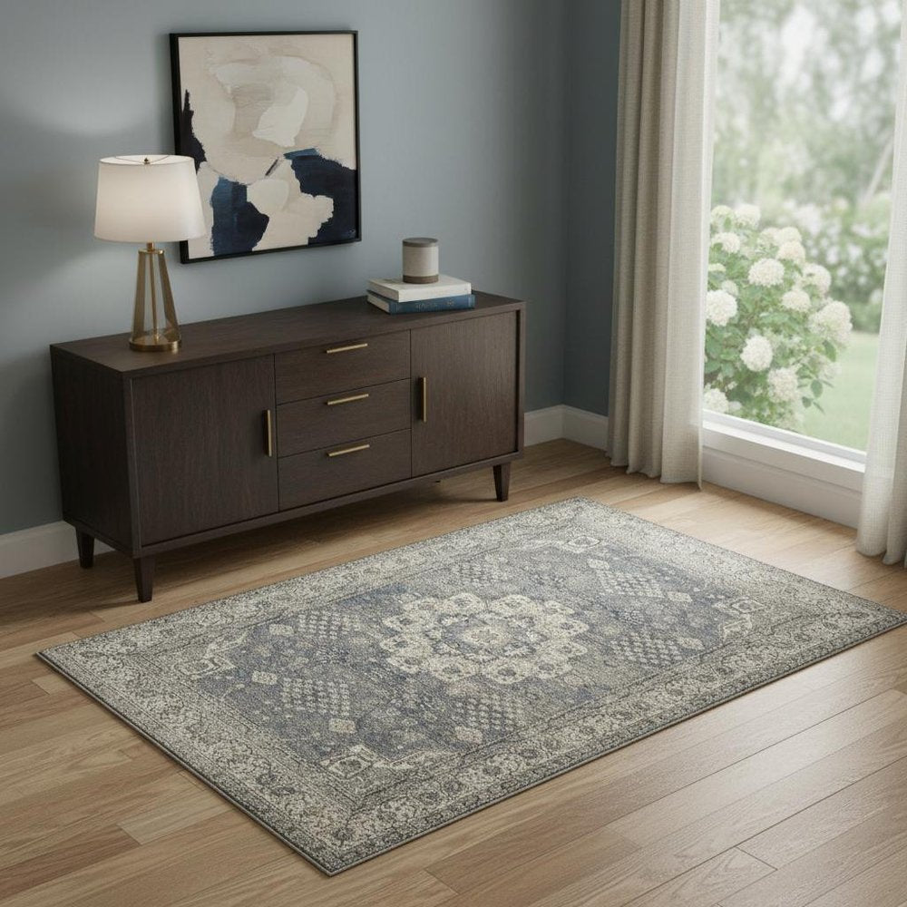 4' X 6' Grey And Ivory Oriental Power Loom Non Skid Area Rug
