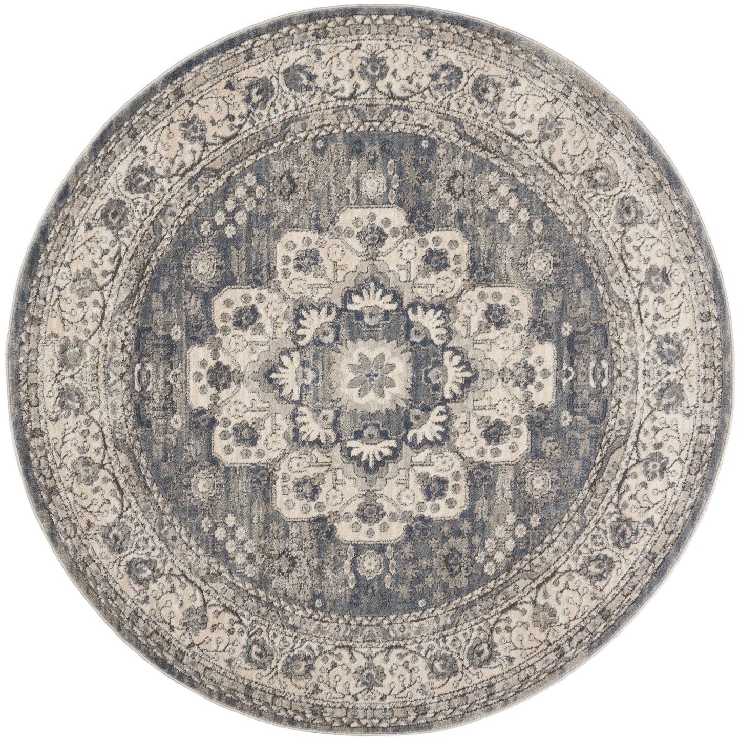 4' Grey And Ivory Round Oriental Power Loom Non Skid Area Rug