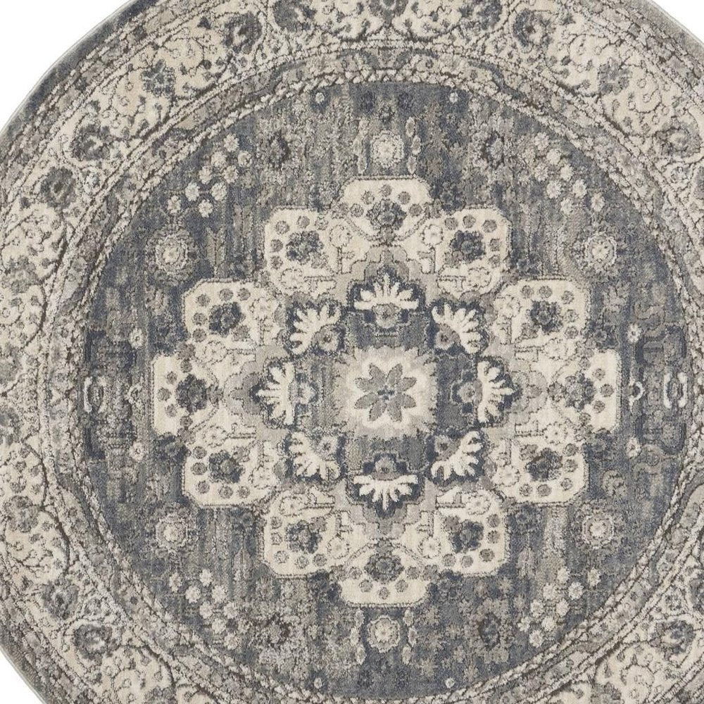 4' Grey And Ivory Round Oriental Power Loom Non Skid Area Rug