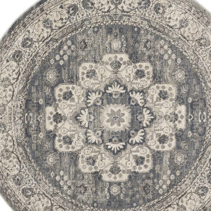 4' Grey And Ivory Round Oriental Power Loom Non Skid Area Rug