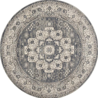 4' Grey And Ivory Round Oriental Power Loom Non Skid Area Rug