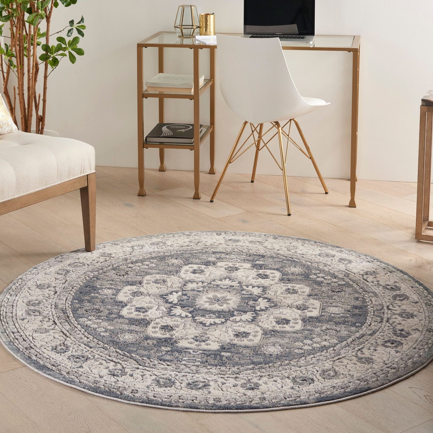 4' Grey And Ivory Round Oriental Power Loom Non Skid Area Rug