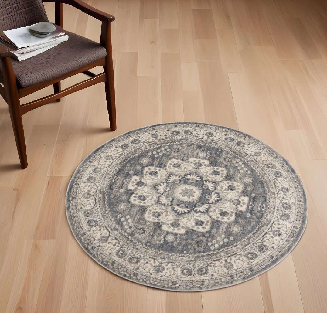 4' Grey And Ivory Round Oriental Power Loom Non Skid Area Rug