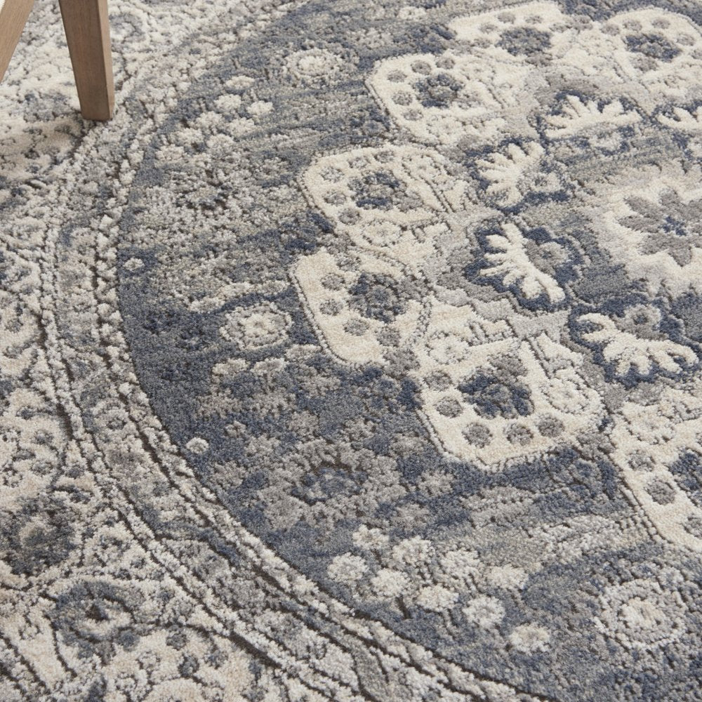 4' Grey And Ivory Round Oriental Power Loom Non Skid Area Rug