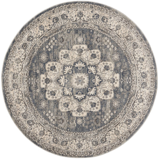 5' Grey And Ivory Round Oriental Power Loom Non Skid Area Rug