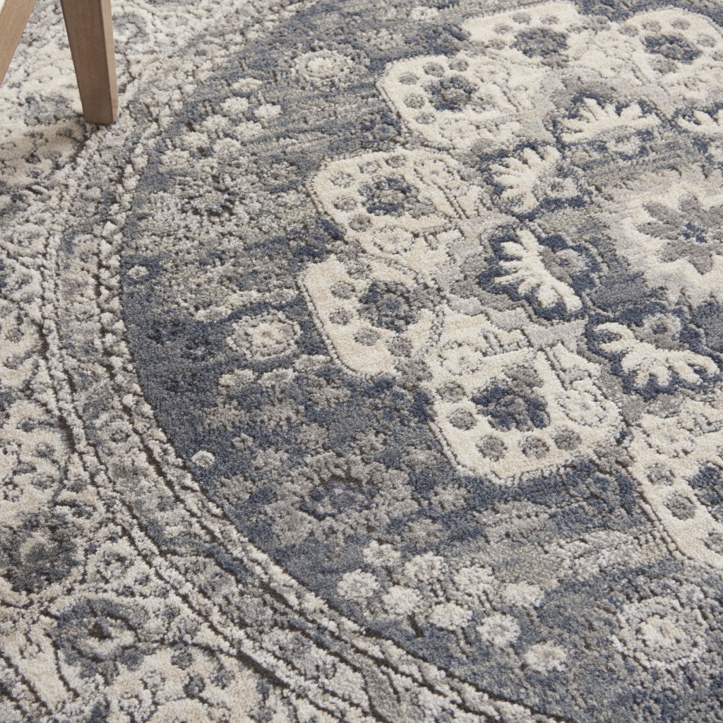 5' Grey And Ivory Round Oriental Power Loom Non Skid Area Rug