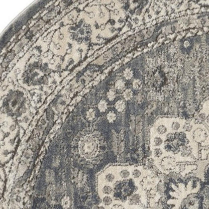5' Gray And Ivory Oriental Distressed Round Rug