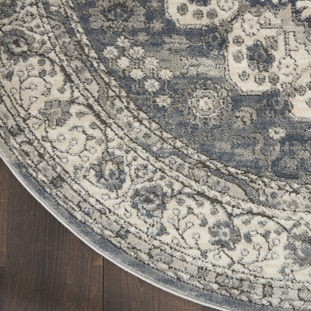 5' Grey And Ivory Round Oriental Power Loom Non Skid Area Rug