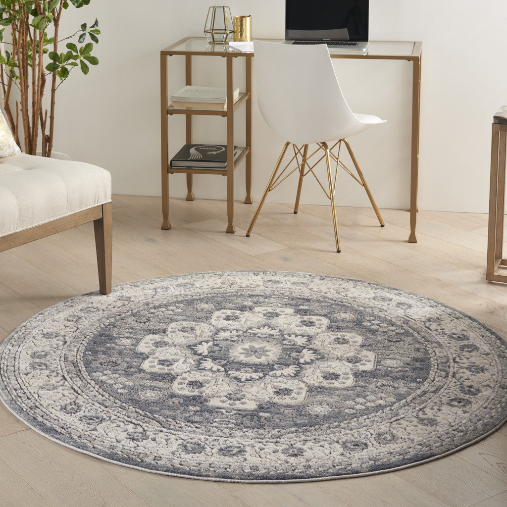 5' Grey And Ivory Round Oriental Power Loom Non Skid Area Rug