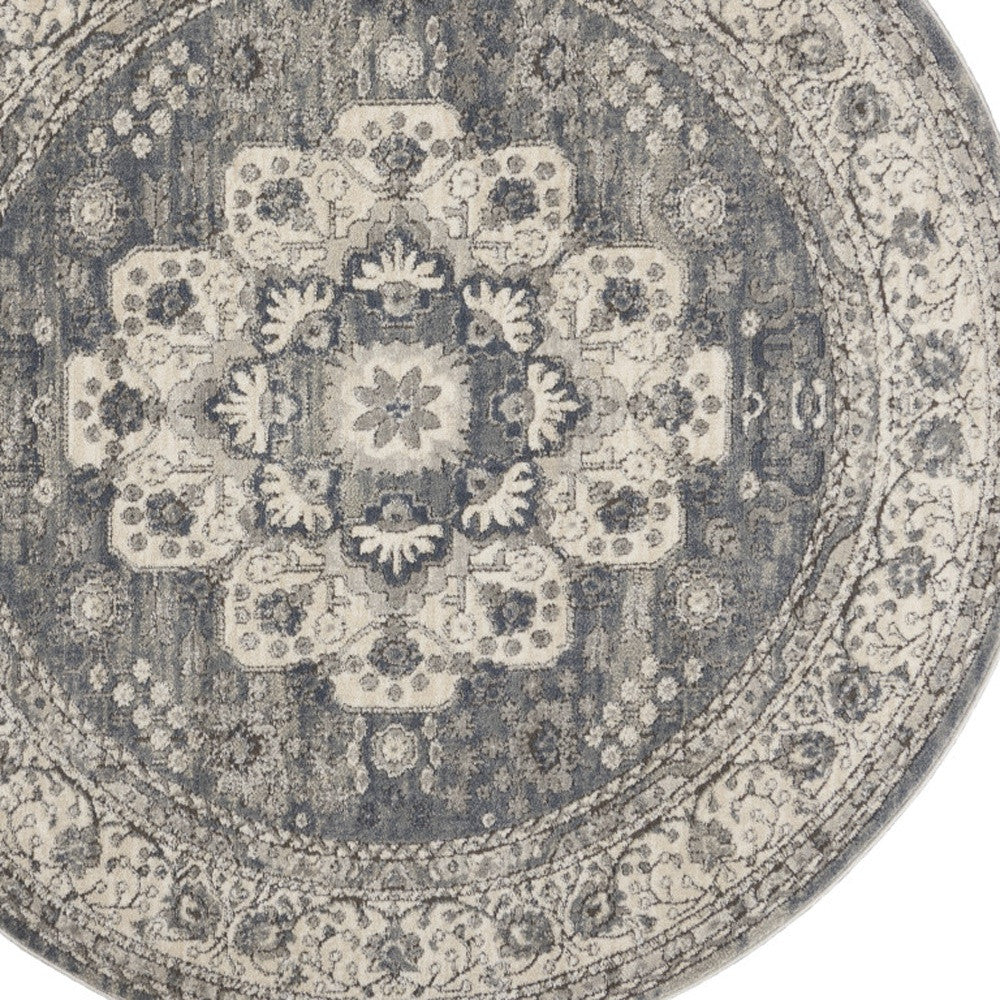 5' Grey And Ivory Round Oriental Power Loom Non Skid Area Rug