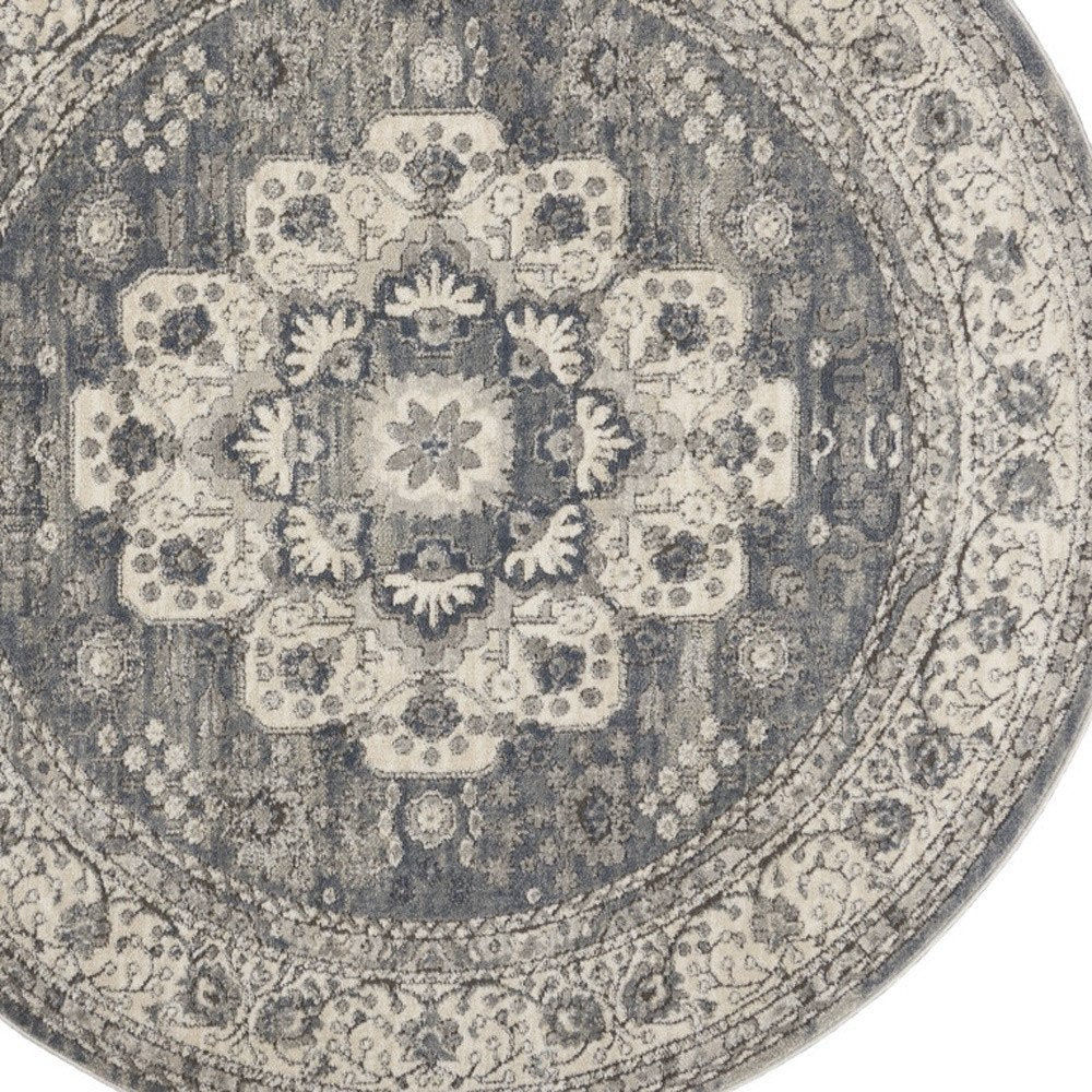 5' Gray And Ivory Oriental Distressed Round Rug