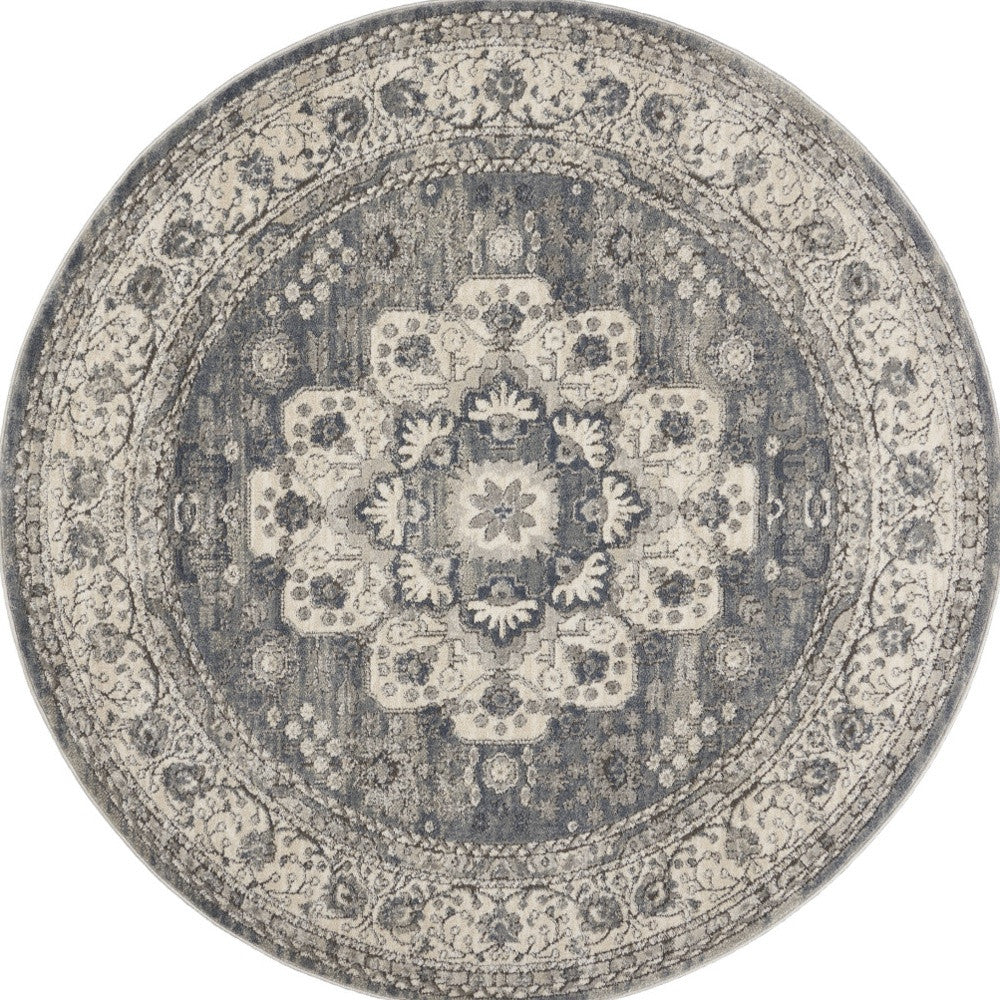 5' Grey And Ivory Round Oriental Power Loom Non Skid Area Rug