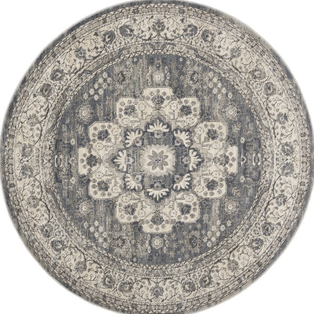 5' Gray And Ivory Oriental Distressed Round Rug