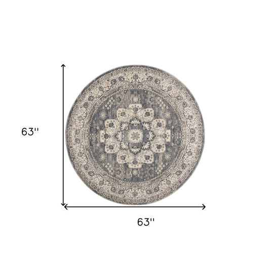 5' Gray And Ivory Oriental Distressed Round Rug