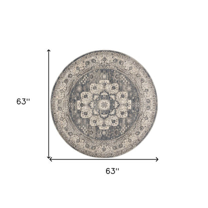 5' Gray And Ivory Oriental Distressed Round Rug