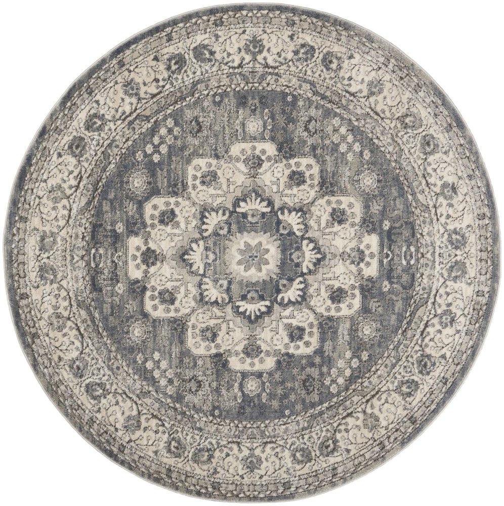 5' Gray And Ivory Oriental Distressed Round Rug