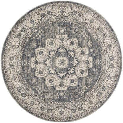 5' Gray And Ivory Oriental Distressed Round Rug