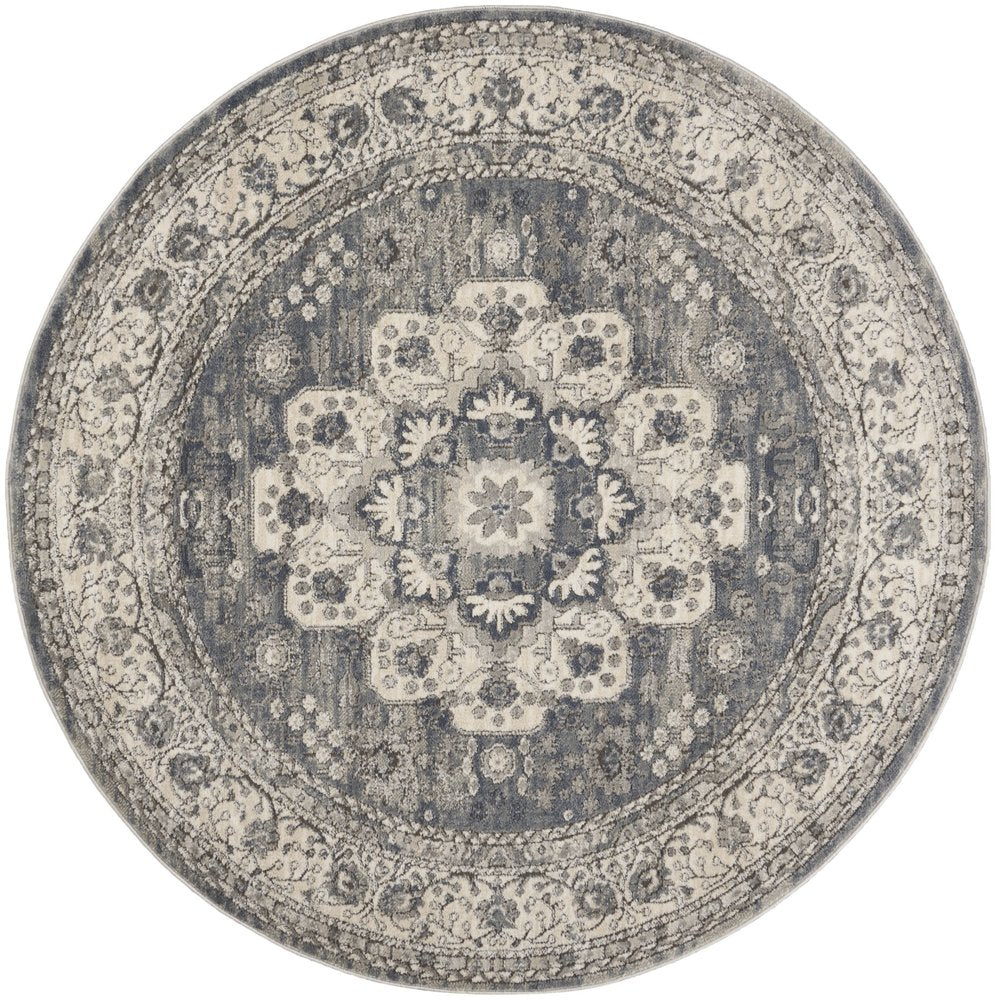 5' Gray And Ivory Oriental Distressed Round Rug