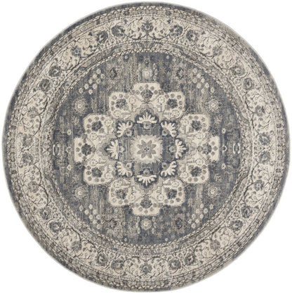 5' Gray And Ivory Oriental Distressed Round Rug