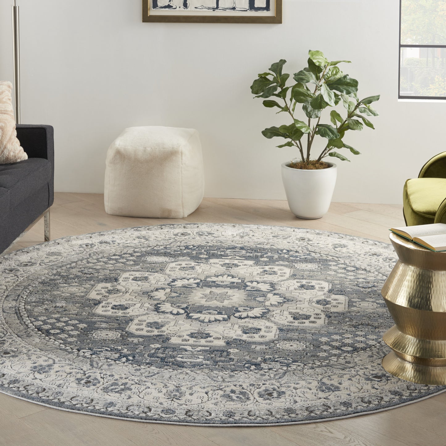 8' Grey And Ivory Round Oriental Power Loom Non Skid Area Rug