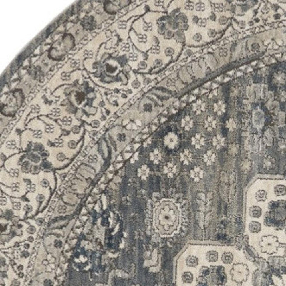 8' Grey And Ivory Round Oriental Power Loom Non Skid Area Rug
