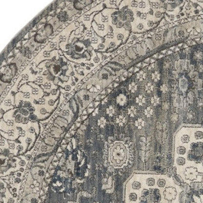 8' Grey And Ivory Round Oriental Power Loom Non Skid Area Rug