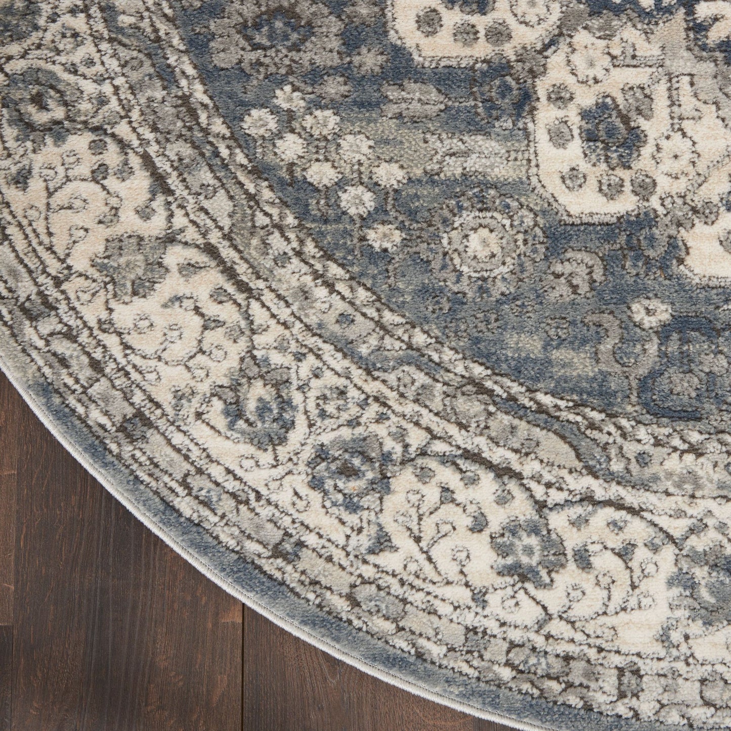 8' Grey And Ivory Round Oriental Power Loom Non Skid Area Rug