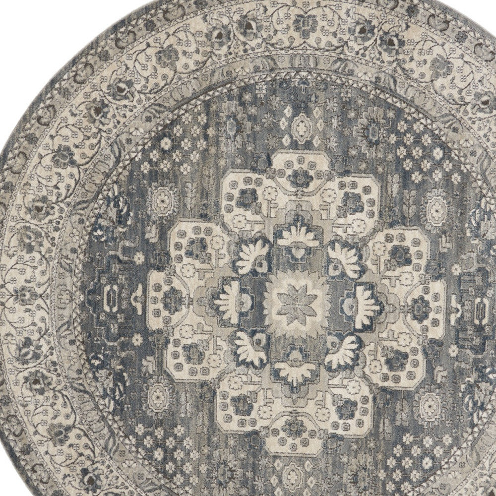 8' Grey And Ivory Round Oriental Power Loom Non Skid Area Rug