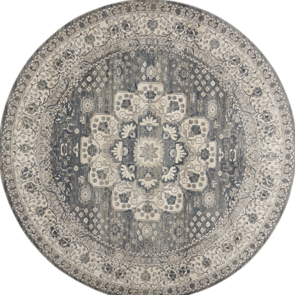 8' Grey And Ivory Round Oriental Power Loom Non Skid Area Rug