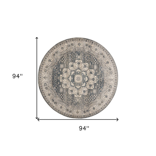 8' Grey And Ivory Round Oriental Power Loom Non Skid Area Rug