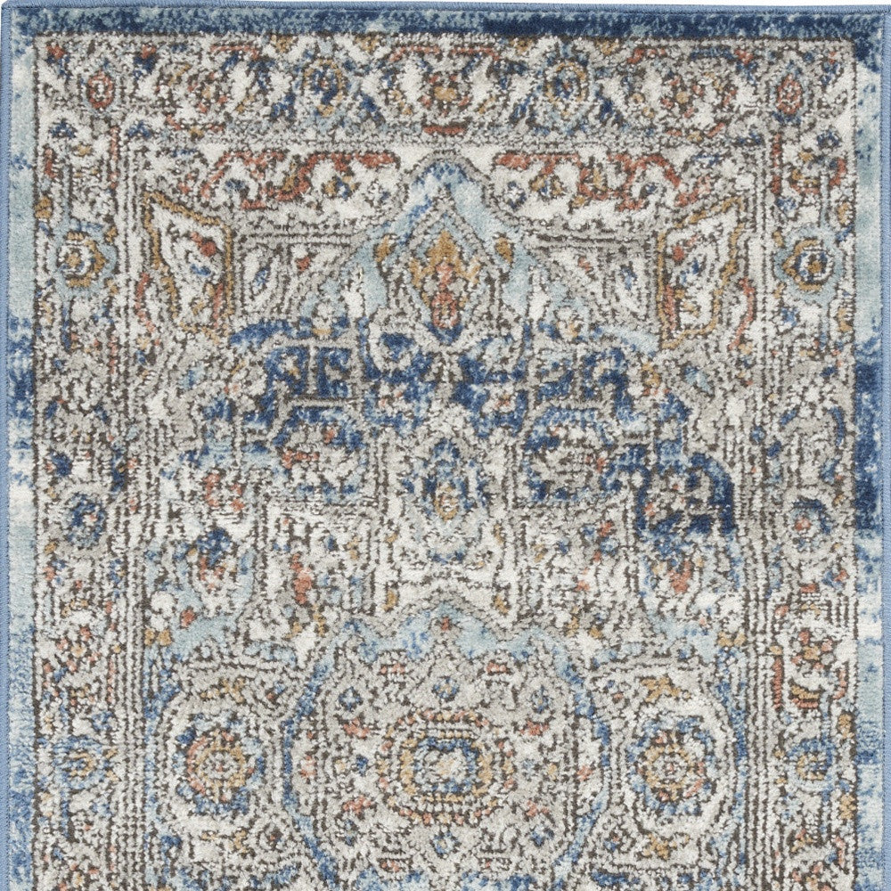 2' X 4' Ivory And Blue Oriental Power Loom Non Skid Area Rug