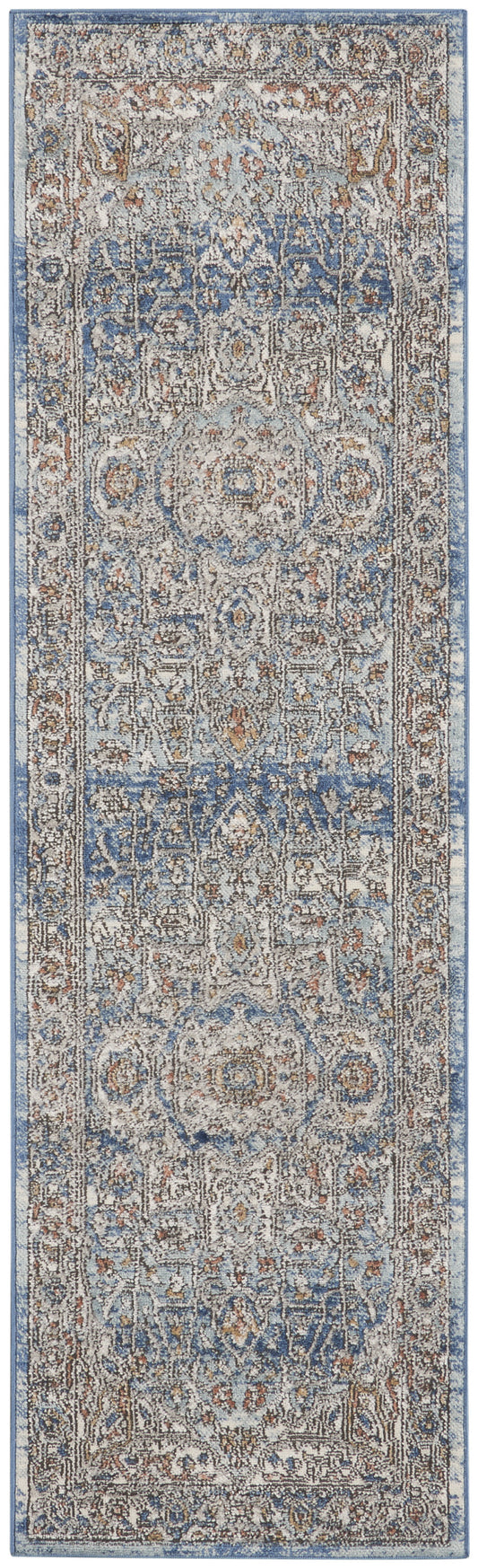 2' X 8' Ivory And Blue Oriental Power Loom Non Skid Runner Rug