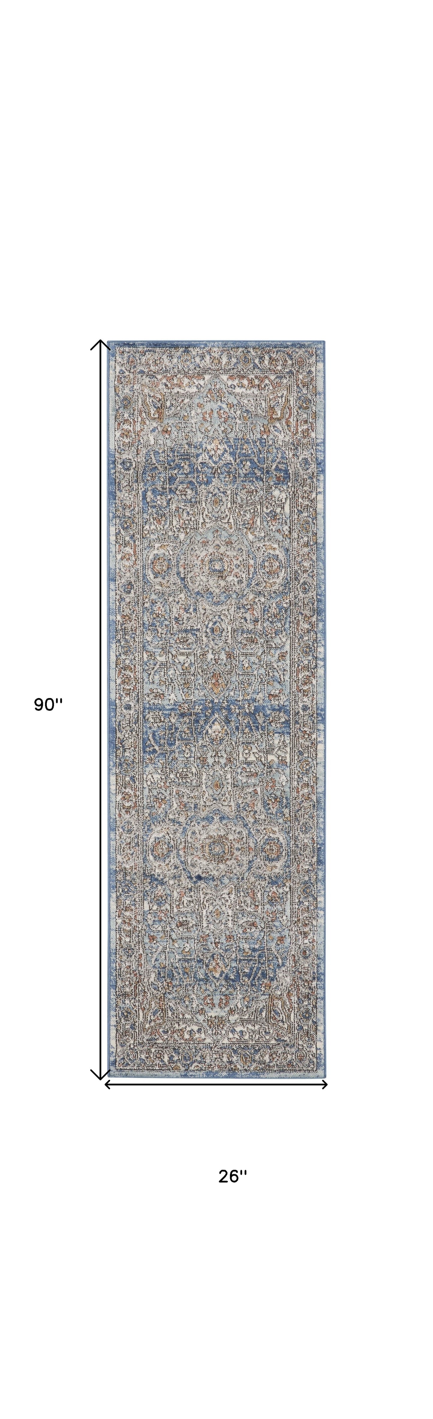 2' X 8' Ivory And Blue Oriental Power Loom Non Skid Runner Rug