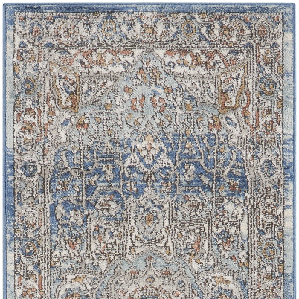 2' X 8' Ivory And Blue Oriental Power Loom Non Skid Runner Rug