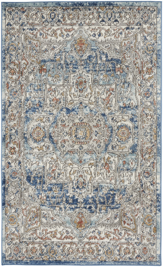 3' X 5' Ivory And Blue Oriental Power Loom Non Skid Area Rug