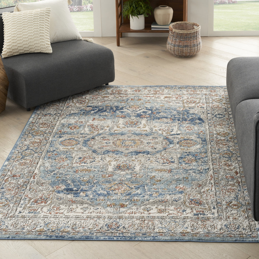 4' X 6' Ivory And Blue Oriental Power Loom Non Skid Area Rug