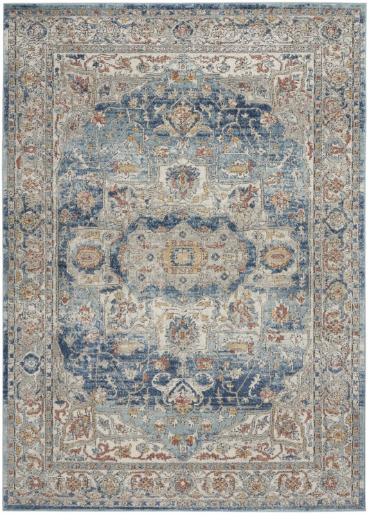 5' X 7' Ivory And Blue Oriental Power Loom Non Skid Area Rug