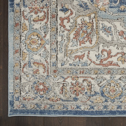 5' X 7' Ivory And Blue Oriental Power Loom Non Skid Area Rug