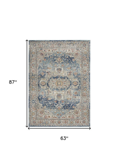 5' X 7' Ivory And Blue Oriental Power Loom Non Skid Area Rug